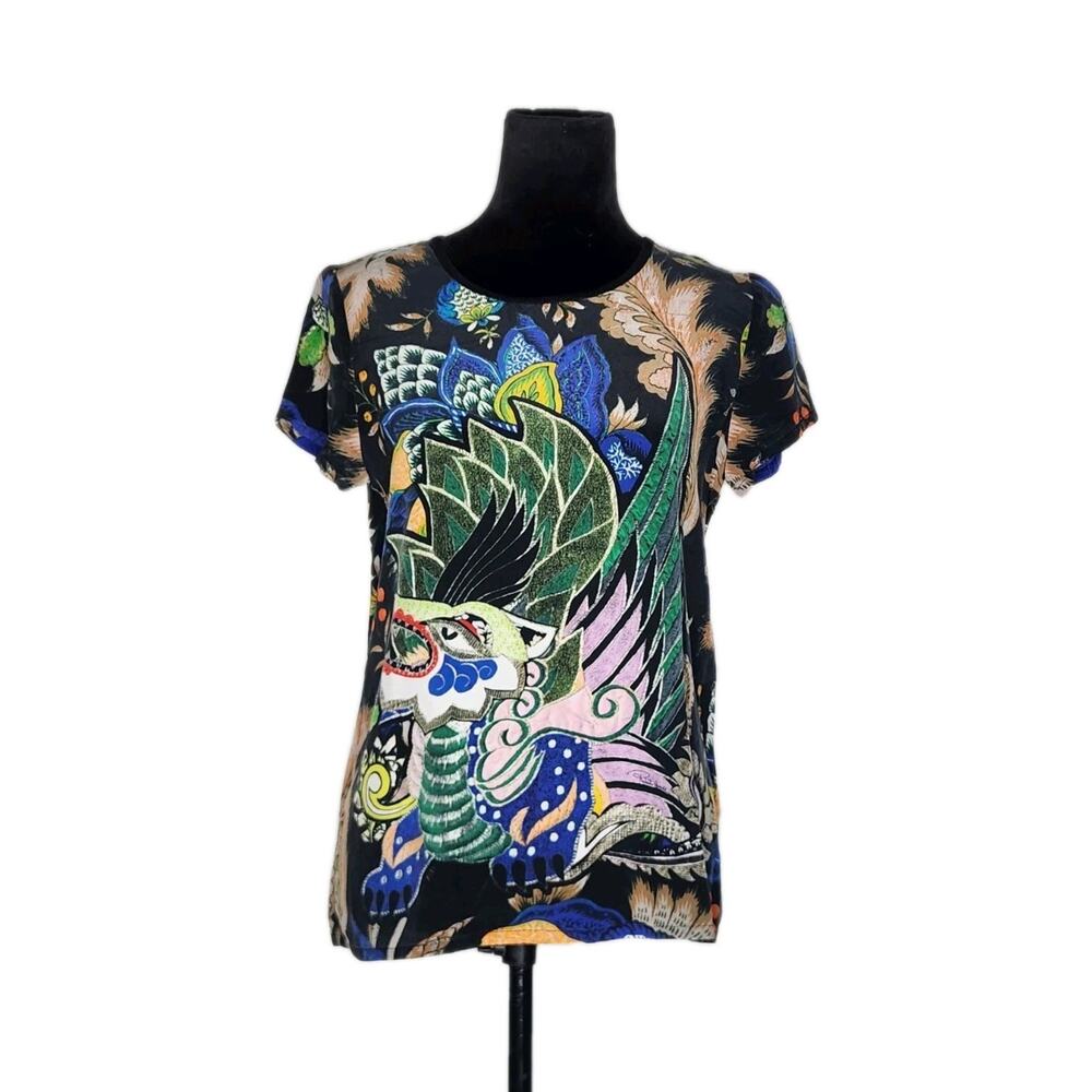Roberto Cavalli 100% Silk Dragon Print Top Baroque Floral Short Sleeve Italy 38